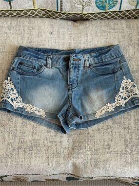 Blue Denim Jean Shorts with White Lace Accent